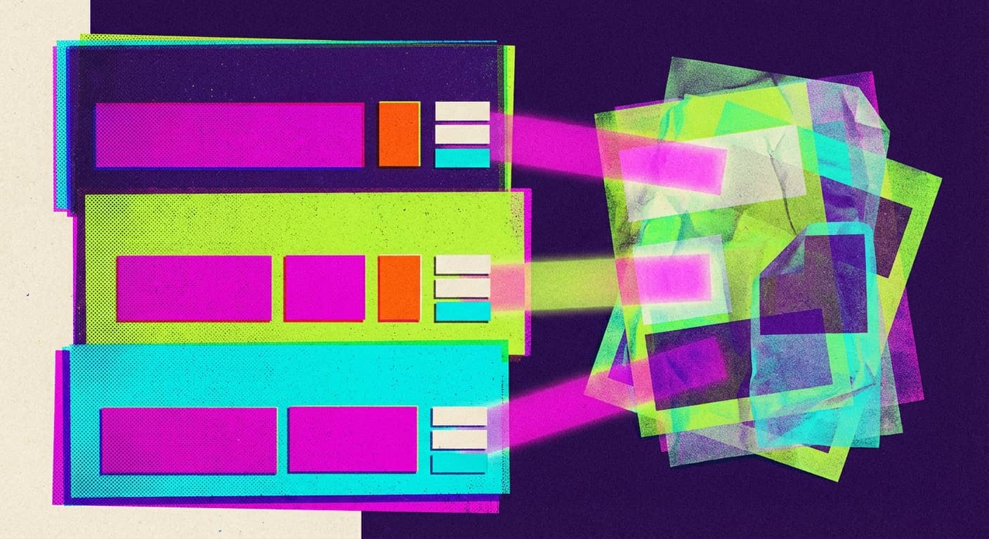 Web result windows send beams onto overlapping transparent sheets and symbolize source aggregation.
