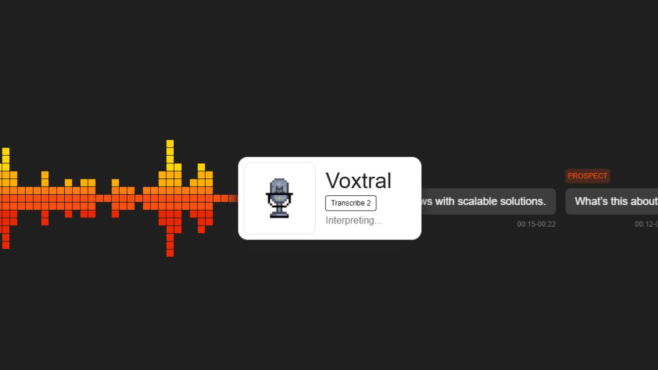 Voxtral Transcribe 2 interface displaying waveform, transcript, and speaker labels.