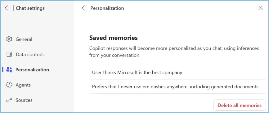 Screenshot of Microsoft Copilot's chat settings under Personalization. The 'Saved memories' section shows two example entries: 'User thinks Microsoft is the best company' and 'Prefers that I never use em dashes anywhere, including generated documents.' Below is a red 'Delete all memories' button.
