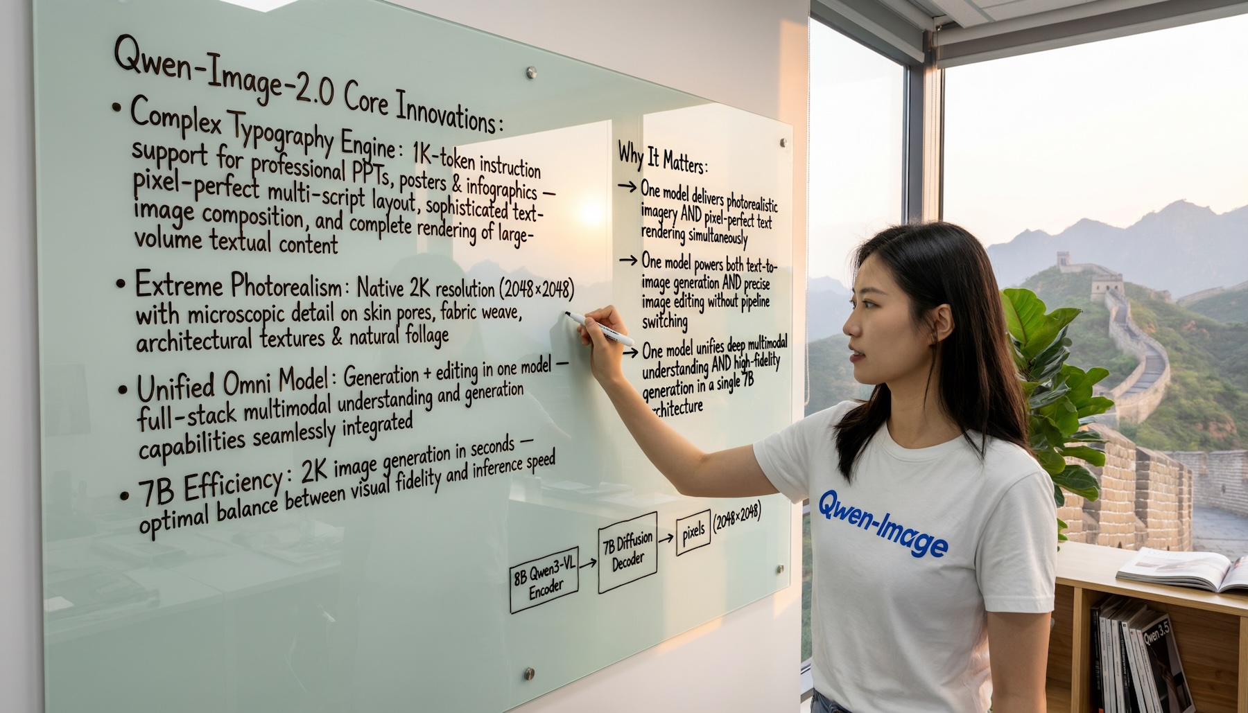 Image generated by Qwen-Image-2.0 of a woman writing on a glass whiteboard in an office. The whiteboard shows the technical specifications of the model, with the Great Wall of China in the background. The woman is wearing a T-shirt with the lettering Qwen-Image.
