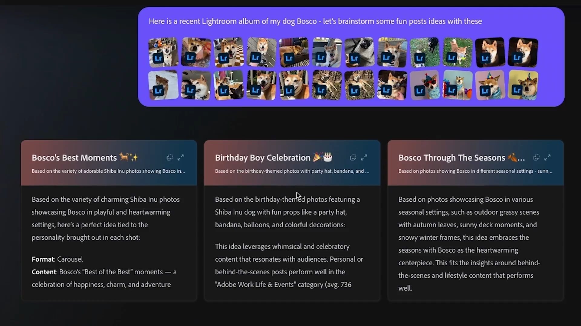 Adobe Project Moonlight interface generating social media post suggestions from a dog photo album