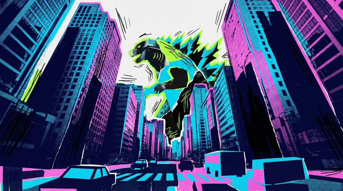 Neon illustration of Godzilla appearing between pink and blue skyscrapers in a busy street in Seoul.
