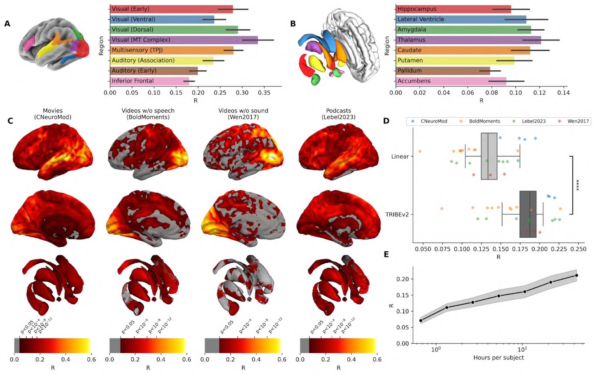 Brain maps showing TRIBE v2's prediction quality across cortical and subcortical regions for different stimulus types, outperforming the linear baseline model, with a scaling chart showing accuracy increasing steadily with more training data.