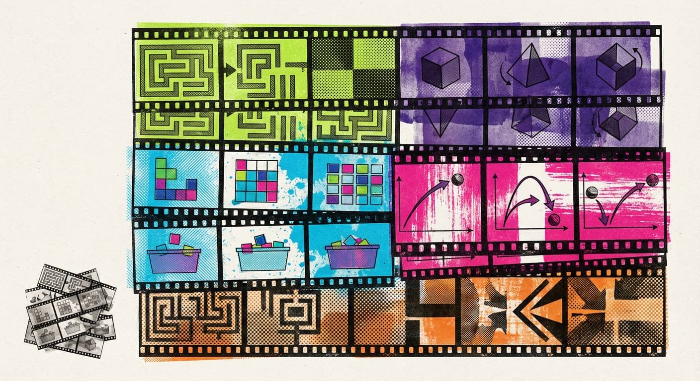 Filmstrip collage: Video reasoning tasks such as maze navigation, 3D rotation, tile puzzles, object counting and physical predictions.

