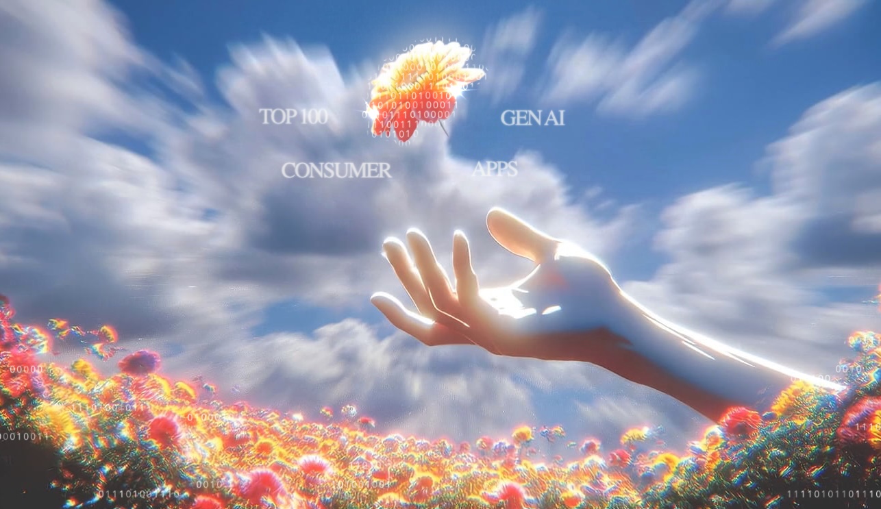 Hand reaches for floating binary AI brain above field of flowers against cloudy sky.
