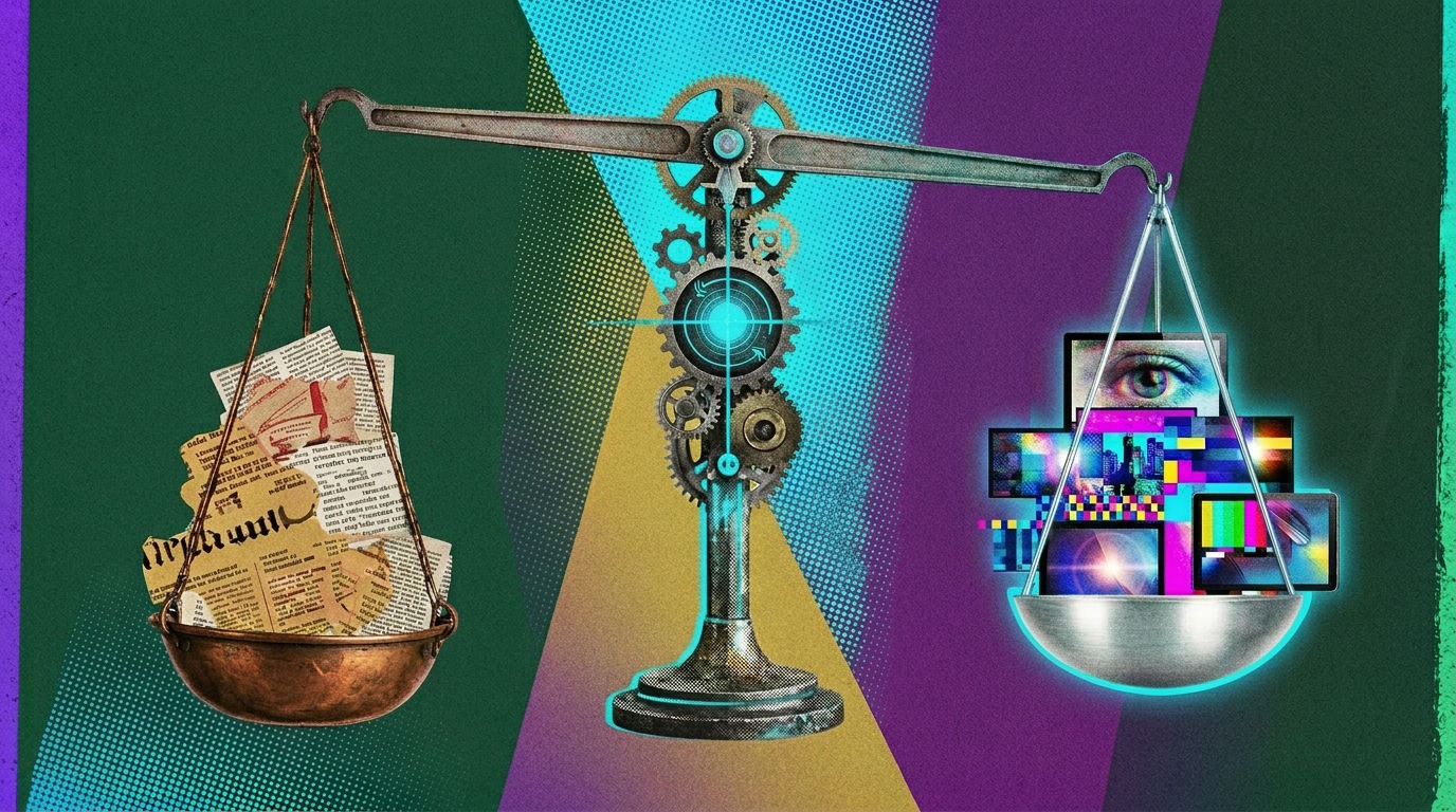 Scale with newspaper articles on the left and digital screens on the right, symbolizing text vs. image data in AI training.
