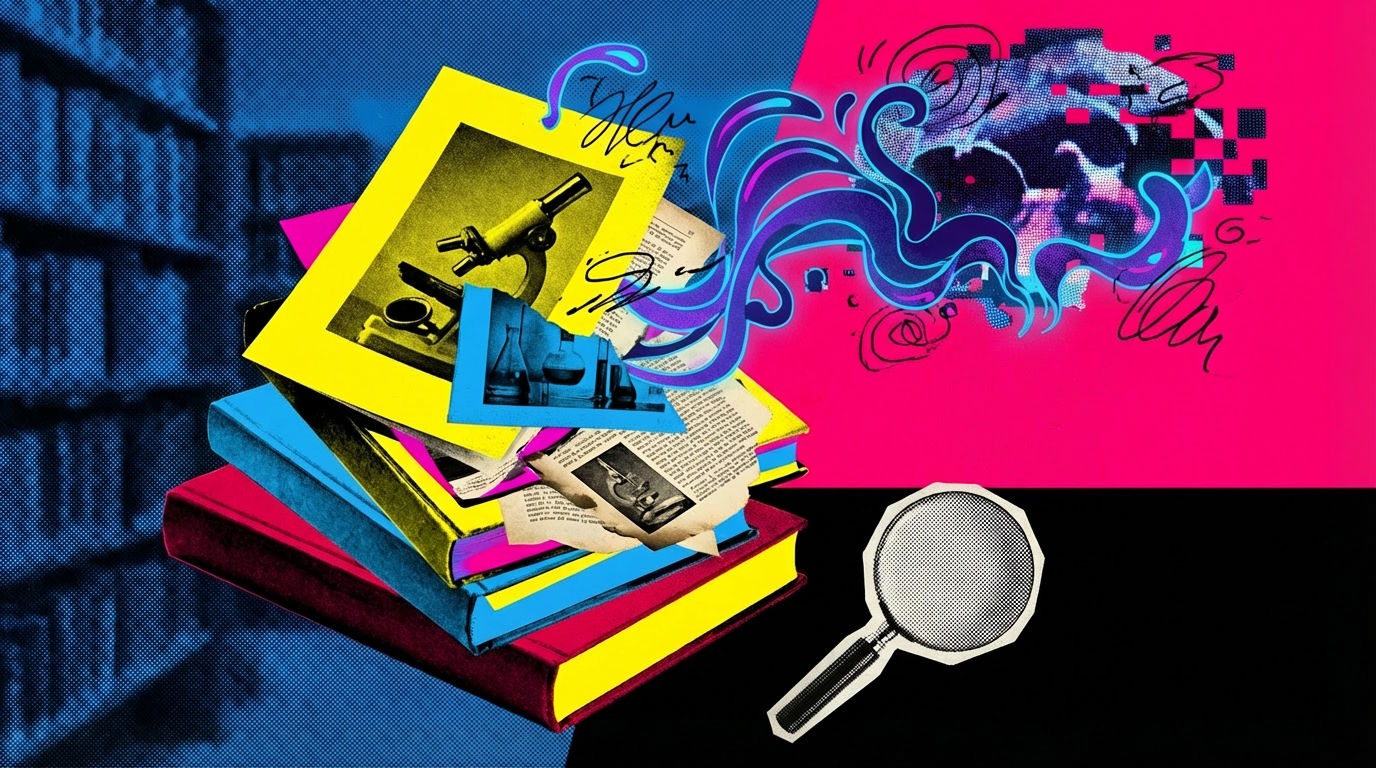 Colorful collage of books, microscope images and magnifying glass as a symbol for AI-generated, hallucinated citations.
