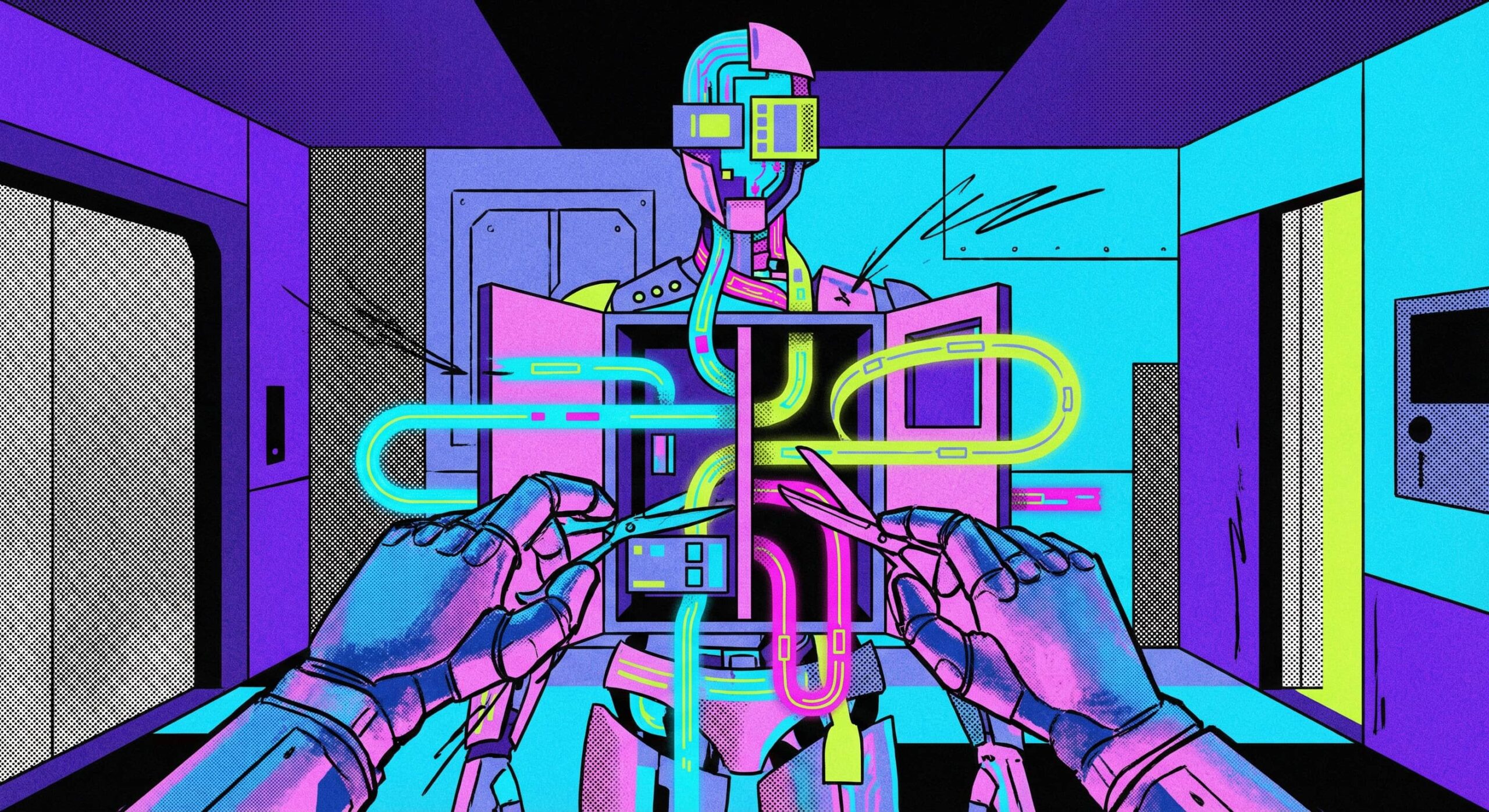 Surgical scene with neon-colored cables cut from the open torso of a humanoid AI robot in a futuristic laboratory.
