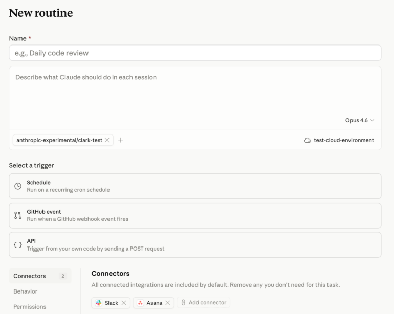 Screenshot of the Claude Code interface for creating a new routine with fields for name and task description, model selection Opus 4.6, a linked repository, three trigger options (Schedule, GitHub event, API) and connectors for Slack and Asana.