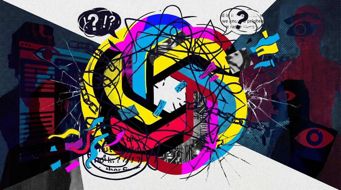 Colourful collage with torn ChatGPT logo, tangled lines, question marks, chains and eyes, symbolizing delusions and surveillance.
