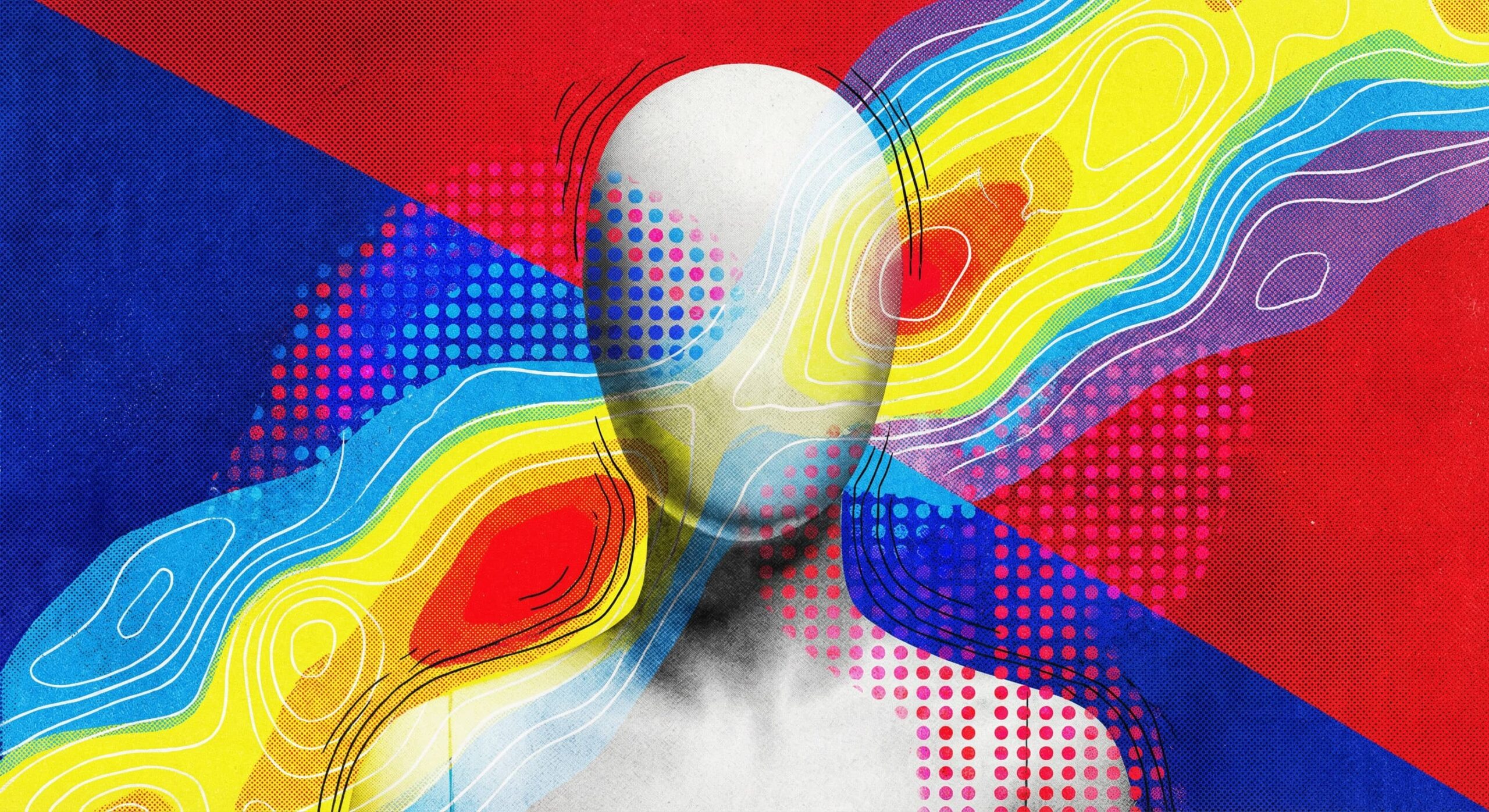 Coloured contour and dot patterns are superimposed on a faceless human bust and symbolize data visualization of human benchmarks.