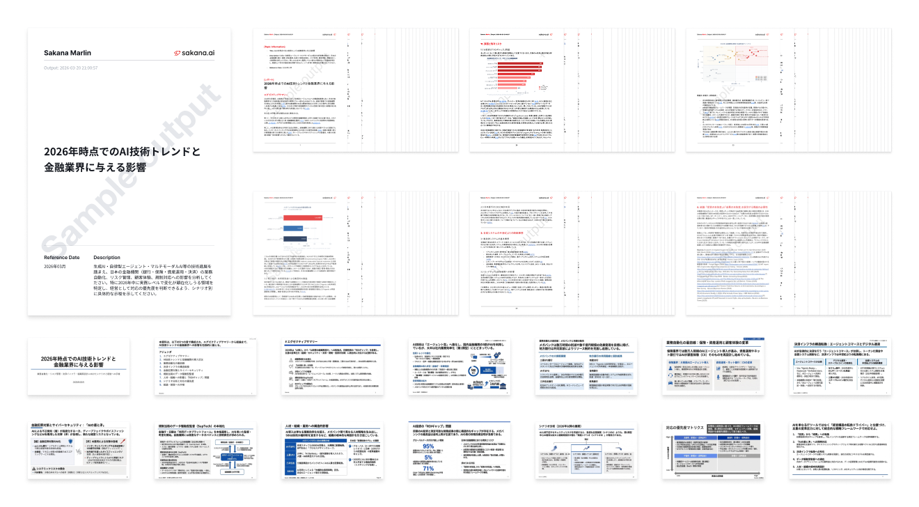 Eine Übersichtsansicht eines von der KI generierten Beispiel-Dokuments. Zu sehen sind mehrere hochformatige Textseiten eines Berichts sowie darunterliegende querformatige Präsentationsfolien in japanischer Sprache. Auf dem Deckblatt sind das Logo von Sakana AI, der Name „Sakana Marlin“ sowie das Wasserzeichen „Sample output“ zu erkennen.